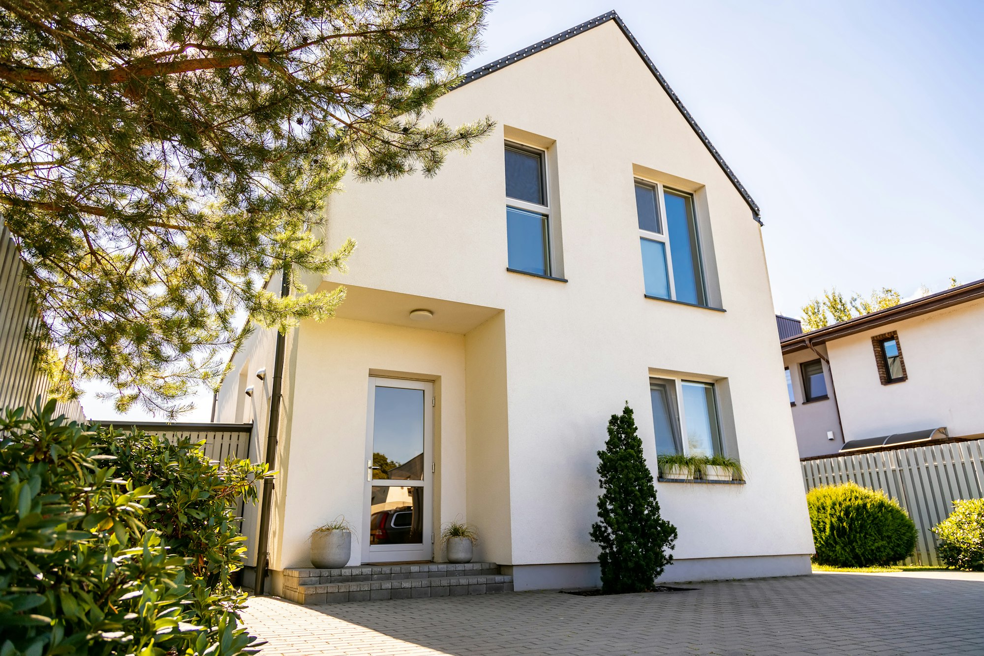 Outside view of a simple private contemporary house in a residential district